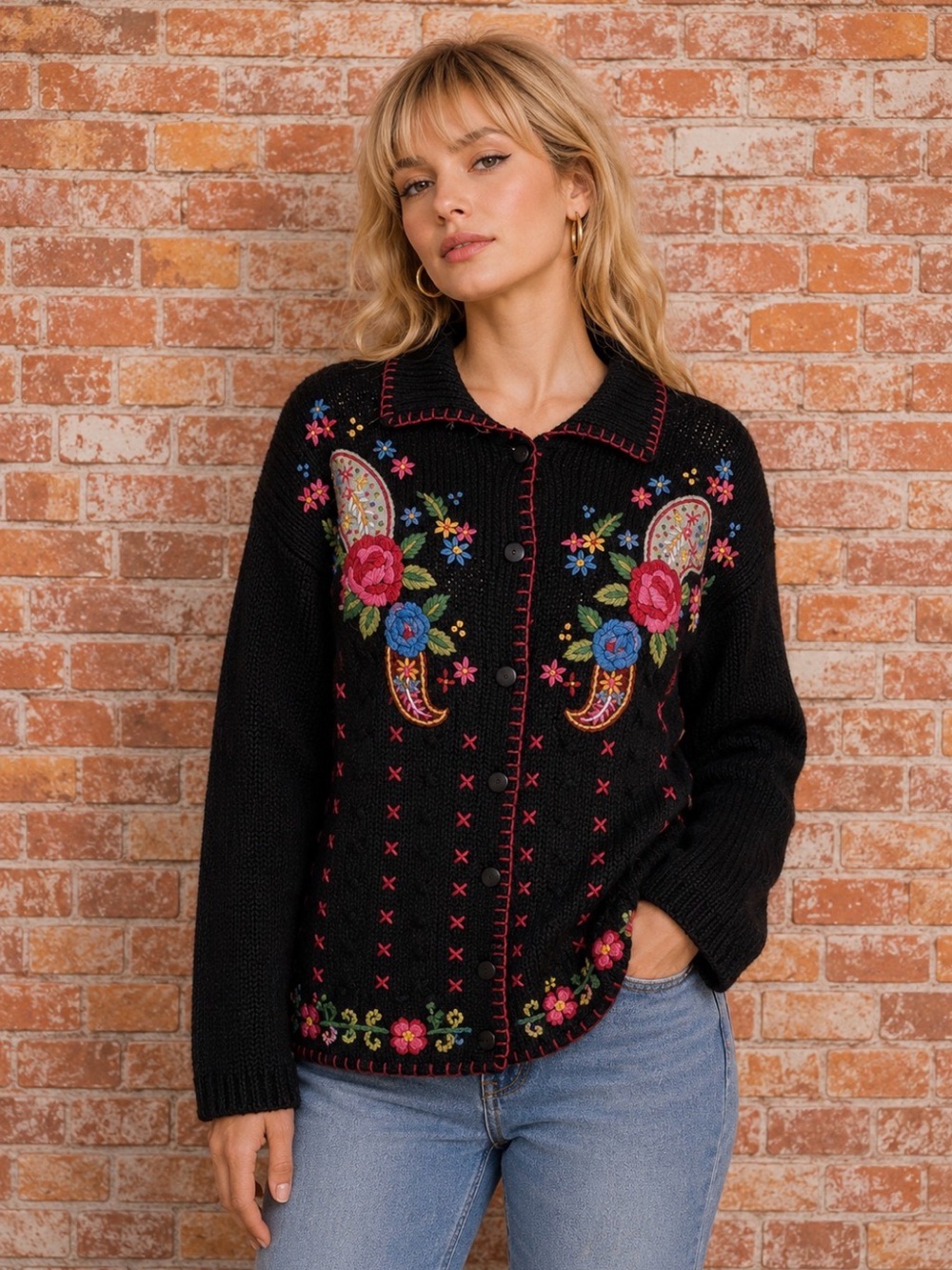 Vintage Beldoch Popper Cottage Core Button Down Floral Embroidered Cardi…
